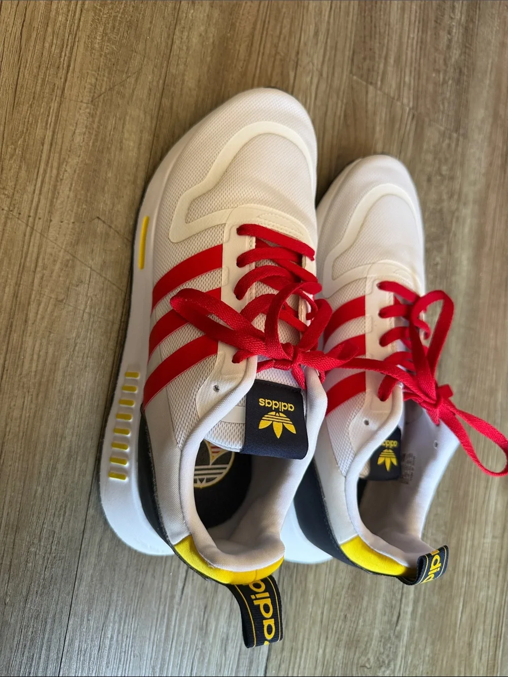 adidas White Sneakers with Red Stripes and Yellow Accents